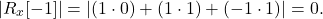 \begin{equation*}|R_{x}[-1]| = |(1 \cdot 0) + (1 \cdot 1) + (-1 \cdot 1)| = 0.\end{equation*}