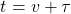 \begin{equation*}t = v + \tau\end{equation*}