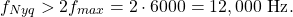 \begin{equation*}f_{Nyq} > 2 f_{max} = 2 \cdot 6000 = 12,000~\text{Hz}.\end{equation*}