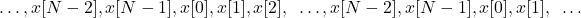 \begin{equation*}\dots, x[N-2], x[N-1], x[0], x[1 ], x[2], ~\dots, x[N-2], x[N-1], x[0], x[1], ~\dots\end{equation*}