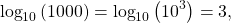 \begin{equation*}\text{log}_{10}\left( 1000 \right) = \text{log}_{10}\left( 10^3 \right) = 3,\end{equation*}