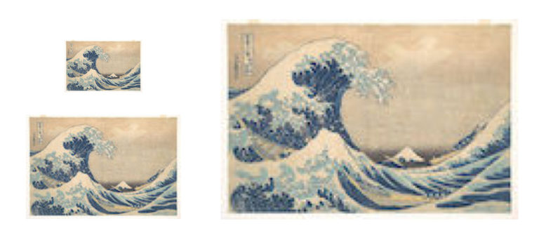 Zooming in on an image increases the dimensions through interpolation. However, it does not add any new information and therefore does not increase the resolution. Image: Under the Wave off Kanagawa.