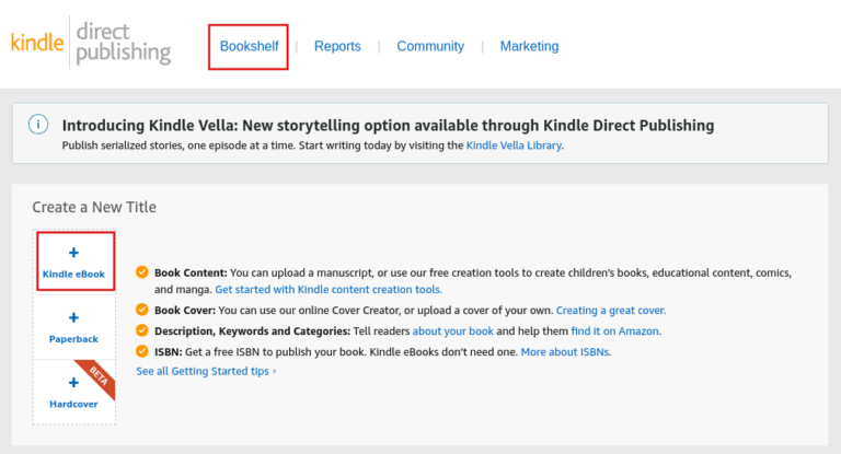 Create a new eBook from the Amazon KDP Bookshelf