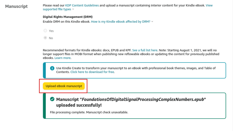 Upload the EPUB eBook manuscript to Amazon's KDP